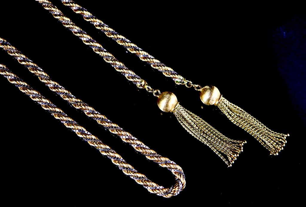 A 1970s 18ct. two colour gold ropetwist sautoir necklace,